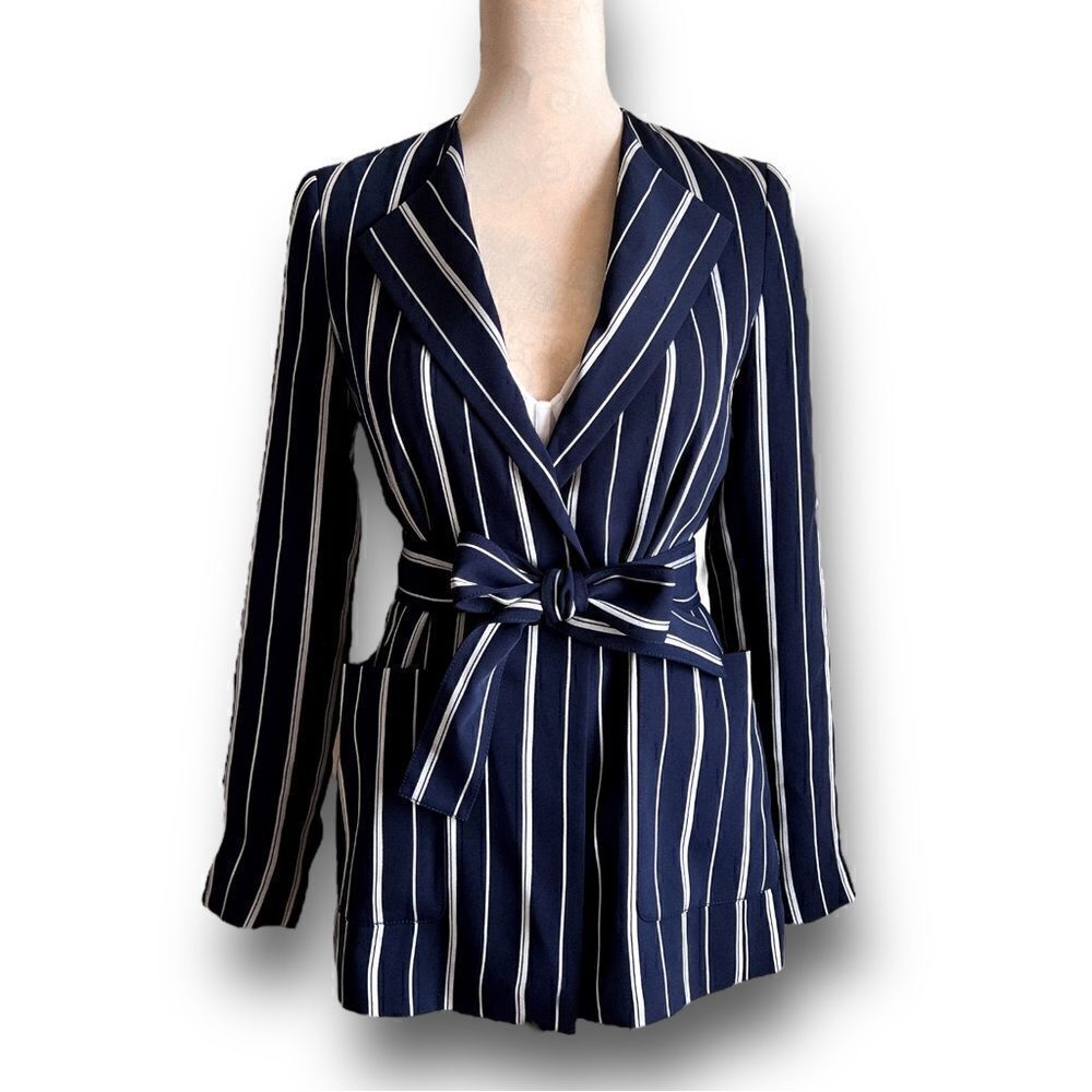 St. John Navy Blue and White Striped Belted Wrap Blazer, XS